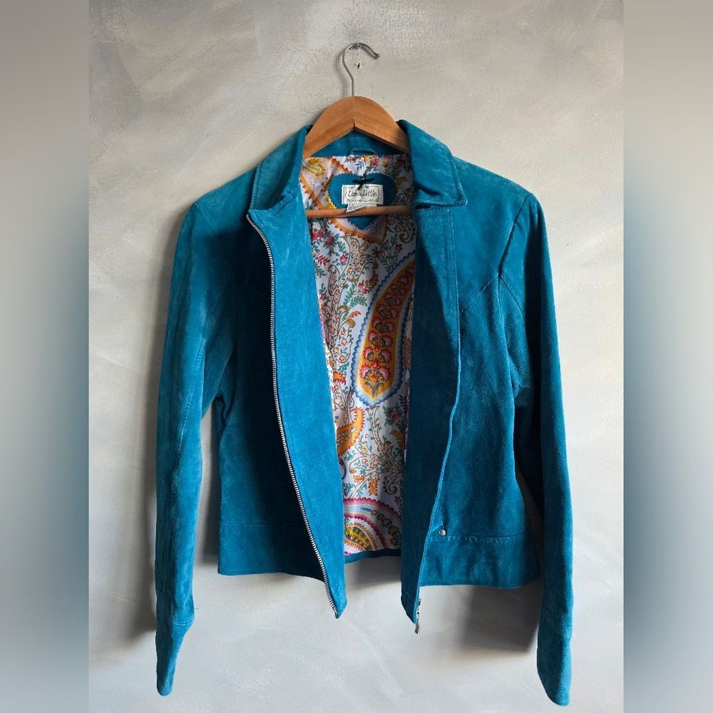 Trendy LAL Live a Little Teal Suede Leather Jacket Silver Accents Sz M